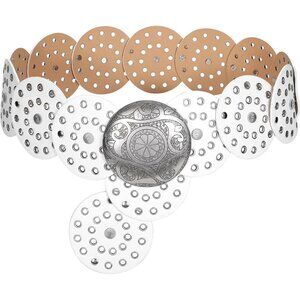 Women's Vintage Leather Belt Western Disc Waist Belts Belt White Silver Buckle